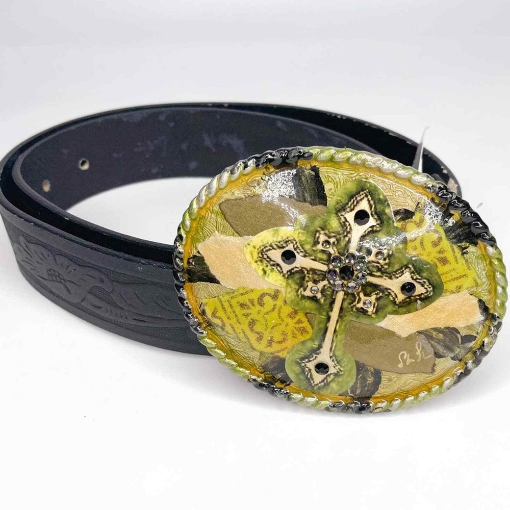 Shu Shu Western Gothic Rhinestone Cross Belt Buckle Chartreuse Leather 32 Artsy